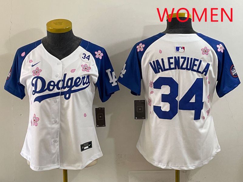 Women Los Angeles Dodgers #34 Valenzuela White Blue Sakura Edition 2025 Nike MLB Jersey style 37